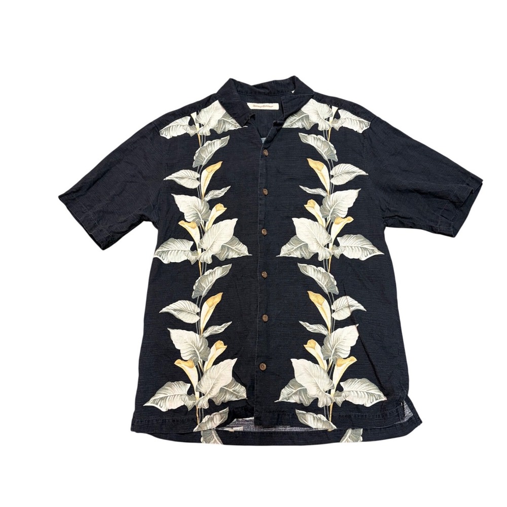 Tommy Bahama Mens Black 100% Silk Calla Lily Floral Camp Shirt Medium